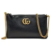 【GUCCI 古馳】779795 經典GG Marmont系列復古LOGO牛皮拉鍊手拿斜背包(黑色)