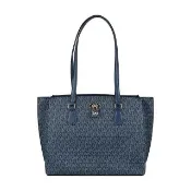 【Michael Kors】MK MICHAEL KORS RUBY 鎖頭縮寫LOGO拉鍊滿版印花PVC肩背托特包(大/海軍藍x孔雀藍)
