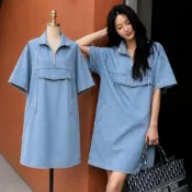 (店+)【baibeauty 白鳥麗子】牛仔 半拉鍊 口袋 抽繩 翻領 女裝 連身裙 短袖洋裝