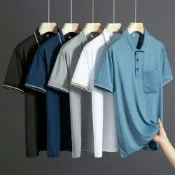 (店+)短袖上衣男M-5XL大尺碼夏季薄款冰絲Polo衫男帶口袋爸爸裝polo衫涼感休閒短袖上衣翻領跑步透氣排汗運動上衣