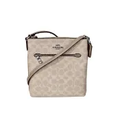 【COACH】Rowan File  LOGO斜背包 迷你扁包(新色奶油咖拼白/贈原廠防塵袋紙袋七夕情人節)