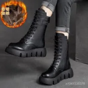 【免運】厚底靴 【正品】真皮複古加絨厚底馬丁靴女 冬季新款保暖棉靴子 中筒雪地靴  經典百搭短靴 秋冬短靴 真皮馬丁靴女