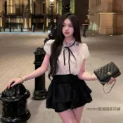 女款甜美蝴蝶結上衣 春夏新款雪紡短袖襯衫 荷葉邊領口設計 氣質修身顯瘦版型 優雅少女風穿搭 百搭日常約會女裝推薦款