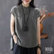 初色 棉麻風純色圓領鈕扣口袋寬鬆短袖襯衫上衣女上衣-共3色-35221(M-4XL可選/現貨+預購)