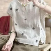 【LANNI 藍尼】★涼爽透氣刺繡棉麻上衣(女裝/女上衣/短袖T恤/休閒/日系/通勤)