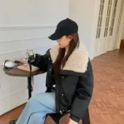 🔥臺灣出貨🔥鋪棉外套女 小羊皮羊羔毛翻領棉衣 短款羽絨棉夾克 秋冬女生休閒外套 翻毛領小羊皮棉服 短版翻領夾克