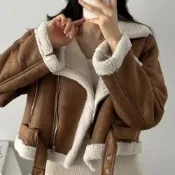 La Belleza韓版保暖羊羔毛翻領麂皮絨加厚皮質夾克拉鍊大衣外套