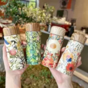 JULIE🌈創意復古花卉印花水瓶 迷你不銹鋼316保溫瓶 簡約木蓋款 自然美學 口袋保溫瓶 旅行上班外出用