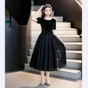 女童黑色洋裝2025新款兒童禮服公主裙女孩生日鋼琴表演晚禮服夏兒童洋裝禮服宴會禮服小花童禮服畢業服主持表演服蓬蓬裙