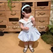 韓版童裝女童洋裝2026夏季新款小女孩海軍領藍色條紋花苞背心裙