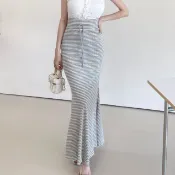 【DOEFF】 條紋高腰魚尾長裙 棉質長裙 長裙 魚尾裙 休閒長裙 顯瘦長裙