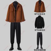 大賣@英倫雅痞男裝冬季套裝男帥氣炸街駝色短款炸街呢子夾克大衣男外套