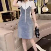 【韓國K.W.】韓國丹寧牛仔希臘美神拼接假二件優雅洋裝(小香風/輕量/洋裝/休閒/日系/通勤/渡假)