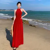 波西米亞旅行度假性感紅色雪紡長裙女裝緊身圓領無袖露背中長款A字洋裝