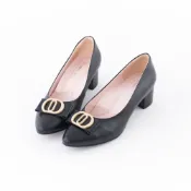 (店+)【DREAMS SHOP】寬楦氣墊_MIT真皮水鑽金釦尖頭低跟鞋 黑色 大尺碼女鞋37-45 高跟鞋