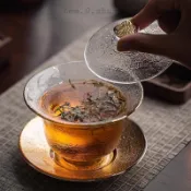 金錘紋玻璃三才蓋碗茶杯單個家用功夫茶具配件加厚不燙手泡茶器 手工耐熱玻璃 功夫茶具小青柑泡茶器 描金玻璃蓋碗透明式大號