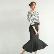 Anna S ANNAS 正韓 條紋 魚尾裙 洋裝 拼接 長袖 連身裙 長洋裝 魚尾洋裝 棉質 休閒 顯瘦 百搭 韓國