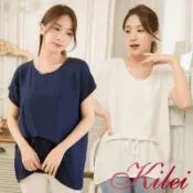 【Kilei】女裝 女生衣著 長版上衣 涼爽皺感麻紗前短後長飾蝶結短袖上衣XA4197(共2色)大尺碼