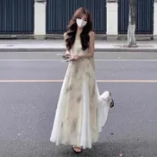 女裝 法式 洋裝 水墨 印花 吊帶 連身裙 收腰 顯瘦 A字裙 大擺裙 長裙 氣質 穿搭 夏季