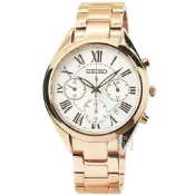 (店+)【SEIKO 精工】【柒號本舖】SEIKO精工LUKIA三眼計時鋼帶女錶-玫瑰金 / SRWZ14P1