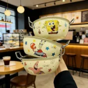 卡通可愛泡麵碗 宿舍泡麵碗 正版授權海綿寶寶泡麪碗不鏽鋼雙耳湯碗ins風高顏值螺螄粉專用碗 方便麵碗 學生碗
