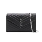 YSL SAINT LAURENT Cassandre Chain Wallet WOC 魚子醬牛皮 鍊條包 手拿包 肩背包 黑色 銀色 377828