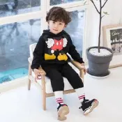 韓版新款卡通人物男童女童親子裝童套裝米奇米老鼠印花圓領帽T休閒服運動衣家庭裝母女裝母子裝