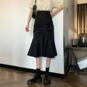 銀聯網日用品生活館 氣質魚尾裙黑色半身裙女夏季年新款韓版高腰顯瘦中長款裙子潮