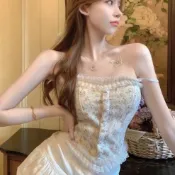 現貨 小可愛 細肩帶背心 蕾絲背心 內搭背心 短版上衣 珍珠花邊蕾絲帶胸墊免穿內衣 爆乳美背小可愛 無鋼圈收副乳平口背心
