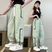 【YAOEENH】110-170CM 夏季男女童薄款透氣防蚊褲 中大童幾何寬鬆休閒運動束腳長褲 現貨 快速出貨