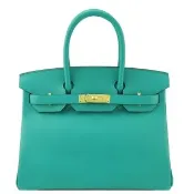 【Hermes 愛馬仕】BIRKIN 30CM 7F Epsom X年 牛皮鉑金包(孔雀藍/金釦)