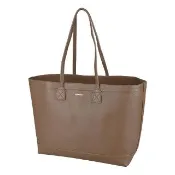 【BURBERRY 巴寶莉】BURBERRY LONDON TOTE燙印金字LOGO小牛皮開放式手提/肩背托特包(大/棕x內裡格紋)