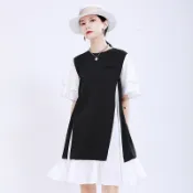 巴黎精品 連身裙短袖洋裝-黑白拼色圓領大裙擺女裙子73yh50【獨家進口】【米蘭精品】