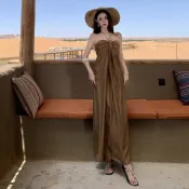 韓版旅行度假性感棕色緞面吊帶長裙女裝緊身露背無袖中長款A字洋裝