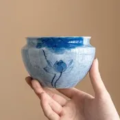 台灣現貨手繪藍蓮花建水陶瓷配件盂缸小號桌面廢水缸水桶