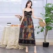 波西米亞風 長裙洋裝 夏天連衣裙 無袖吊帶裙 棉綢大擺裙 夏季碎花吊帶裙 無袖印花海邊度假長裙