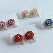 薔薇花耳環 耳針手作 微鉤 鉤織