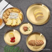 【優選好物】金色不銹鋼盤烤肉圓盤子家用無磁食品級加厚圓形菜盤子吐骨碟淺盤jioyh qCve
