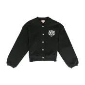 KENZO Happy Tiger 刺繡藍字LOGO快樂老虎頭棉質混紡長袖按釦棒球外套(女款/黑)