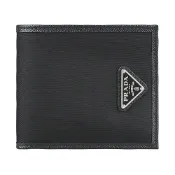 PRADA Re-Nylon三角形標誌LOGO再生尼龍/防刮牛皮8卡對折短夾(男款/黑)