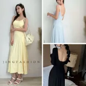 細肩/長袖*多色現貨秒出♥️【JinG】大露背罩杯長洋裝♥️自帶胸墊 大裙襬 傘裙 美背洋裝 過膝連身裙 純色背心長裙