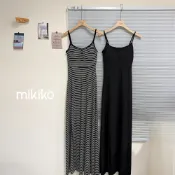 美木子｜洋裝｜現貨出清｜帶胸墊 🌶️細吊帶排扣開衩長洋裝 露腿洋裝 渡假洋裝 螺紋彈力 黑色洋裝【D10349】