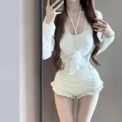 (有款媠衫)臺灣出貨\連身泳衣女 顯瘦白色平角海灘渡假溫泉 罩衫遮肉無鋼圈泳裝女裝 高級感素色舒適網美風韓系