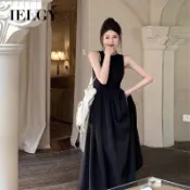 IELGY 赫本風洋裝女黑色無袖法式氣質露背長裙
