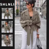 春秋女式短款風衣翻領系腰帶束腰優雅辦公外套
