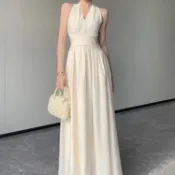 法式白色無袖掛脖V領洋裝絕美收腰顯瘦大擺長裙 掛脖洋裝 收腰長裙 顯瘦大擺裙