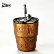 BINCOO 復古咖啡杯帶吸管陶瓷塗層保溫杯木紋旅行杯便攜 480ML