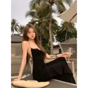 【KIKIFAME】🖤絕美渡假蕾絲拼接蝴蝶美背長洋裝 黑色洋裝 露背洋裝 露腰洋裝 吊帶裙 收腰洋裝 渡假洋裝 鏤空洋裝