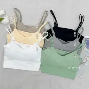 (店+)【FEE BABY】冰絲涼感美胸雙肩帶小可愛BRA TOP 可拆式胸墊 美背 無鋼圈內衣 細肩帶 無痕吊帶 bra top 森綠色 藕粉色 膚色 白色 黑色 淺紫色