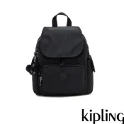 Kipling『猴子包』曜岩黑品牌經典圓標拉鍊掀蓋後背包-CITY PACK MINI